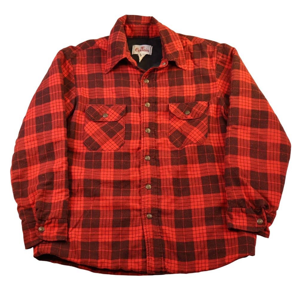 Corsair Mens Medium Flannel Shirt Jacket Red Black Buffalo Plaid Quilted Vintage